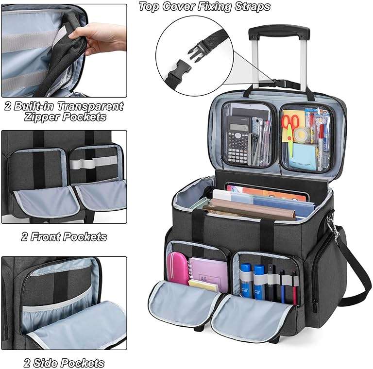 CURMIO Rolling Teacher Tote Bag with Padded Laptop Compartment for up to 15.6 Inches Laptop, Wheeled Teacher Bag for Teaching, Office, Craft, Black - Image 4