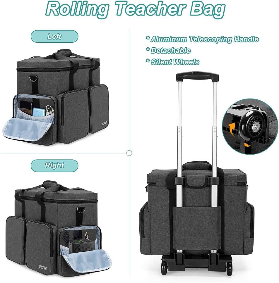 CURMIO Rolling Teacher Tote Bag with Padded Laptop Compartment for up to 15.6 Inches Laptop, Wheeled Teacher Bag for Teaching, Office, Craft, Black - Image 5