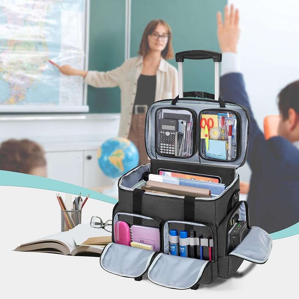 CURMIO Rolling Teacher Tote Bag with Padded Laptop Compartment for up to 15.6 Inches Laptop, Wheeled Teacher Bag for Teaching, Office, Craft, Black - Image 8