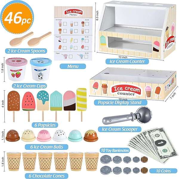 WHOHOLL 46Pcs Wooden Ice Cream Counter Toy Shop - Montessori Pretend Play Food Set with Scoop, Menu, Play Money - Educational Birthday Gift for Toddlers & Kids Ages 3+ - Image 2