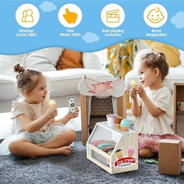 WHOHOLL 46Pcs Wooden Ice Cream Counter Toy Shop - Montessori Pretend Play Food Set with Scoop, Menu, Play Money - Educational Birthday Gift for Toddlers & Kids Ages 3+ - Image 3