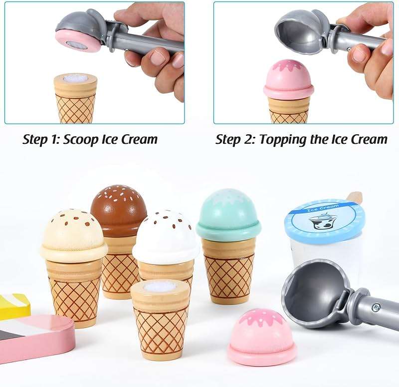 WHOHOLL 46Pcs Wooden Ice Cream Counter Toy Shop - Montessori Pretend Play Food Set with Scoop, Menu, Play Money - Educational Birthday Gift for Toddlers & Kids Ages 3+ - Image 5