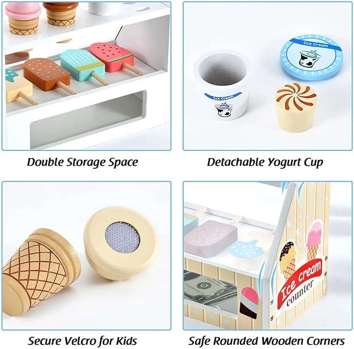 WHOHOLL 46Pcs Wooden Ice Cream Counter Toy Shop - Montessori Pretend Play Food Set with Scoop, Menu, Play Money - Educational Birthday Gift for Toddlers & Kids Ages 3+ - Image 6