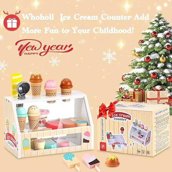 WHOHOLL 46Pcs Wooden Ice Cream Counter Toy Shop - Montessori Pretend Play Food Set with Scoop, Menu, Play Money - Educational Birthday Gift for Toddlers & Kids Ages 3+ - Image 7