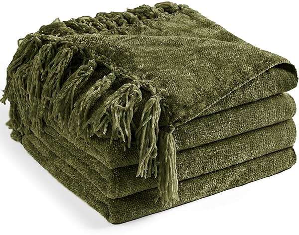 LONG CREATE Chenille Throw Blanket for Couch 50"X 60", Soft Cozy Throws with Fringe Tassel for Bed Sofa Chair Cover, Lightweight Knitted Decorative Boho Blankets for Living Room, Olive Green - Image 1