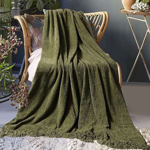 LONG CREATE Chenille Throw Blanket for Couch 50"X 60", Soft Cozy Throws with Fringe Tassel for Bed Sofa Chair Cover, Lightweight Knitted Decorative Boho Blankets for Living Room, Olive Green - Image 2