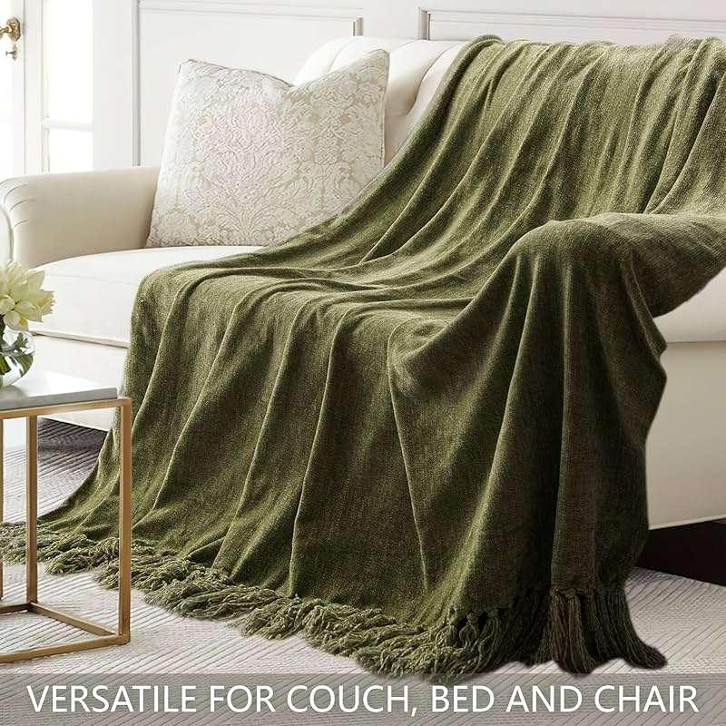 LONG CREATE Chenille Throw Blanket for Couch 50"X 60", Soft Cozy Throws with Fringe Tassel for Bed Sofa Chair Cover, Lightweight Knitted Decorative Boho Blankets for Living Room, Olive Green - Image 5