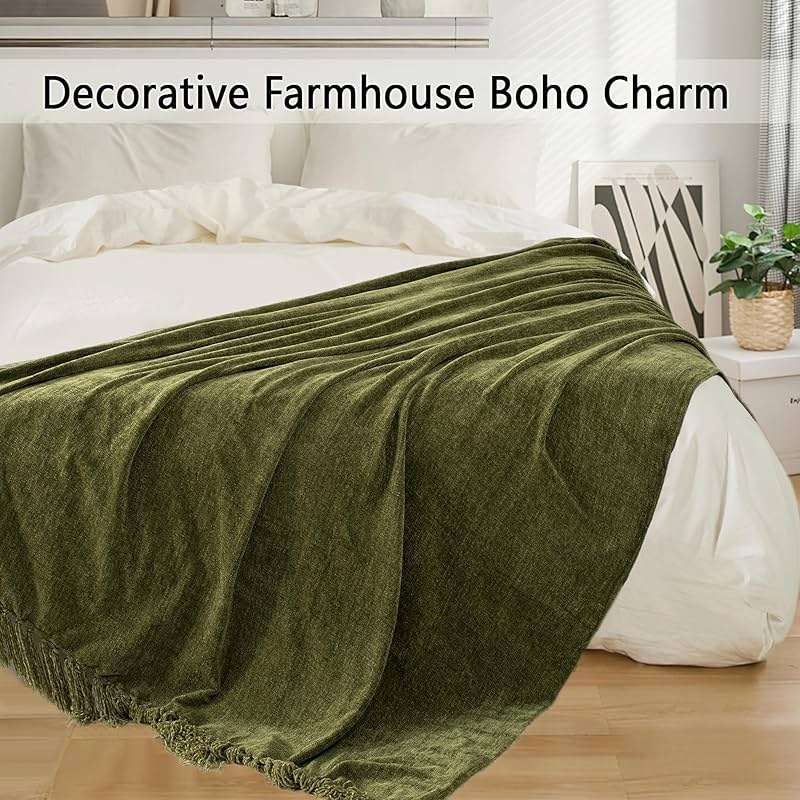 LONG CREATE Chenille Throw Blanket for Couch 50"X 60", Soft Cozy Throws with Fringe Tassel for Bed Sofa Chair Cover, Lightweight Knitted Decorative Boho Blankets for Living Room, Olive Green - Image 6