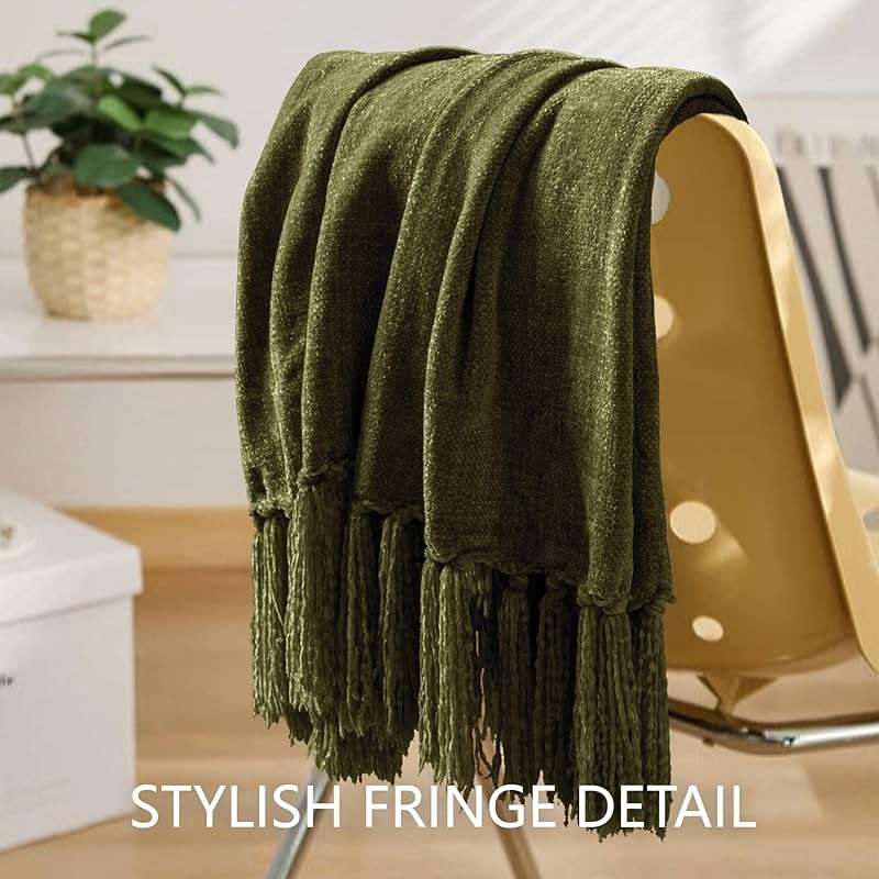 LONG CREATE Chenille Throw Blanket for Couch 50"X 60", Soft Cozy Throws with Fringe Tassel for Bed Sofa Chair Cover, Lightweight Knitted Decorative Boho Blankets for Living Room, Olive Green - Image 8