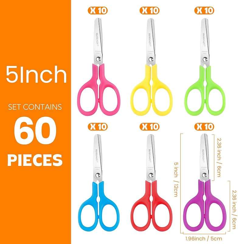 BURVAGY 60Pack 5" Small School Student Blunt Craft Kids Scissors, Sharp Stainless Steel Blades Safety Comfort Grip Scissors for Kids Children Cutting Paper, 5Inch - Image 2