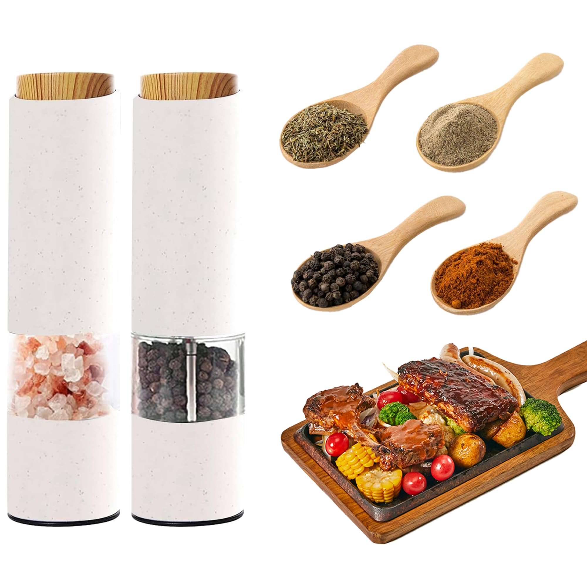 MEHIDFY Electric Salt and Pepper Grinder Set, 2 Pack Salt and Pepper Grinder Battery Operated, One-Handed Automatic Salt and Pepper Mill Grinder with LED Light, Adjustable Coarseness (White) - Image 1
