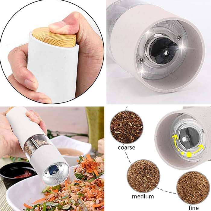 MEHIDFY Electric Salt and Pepper Grinder Set, 2 Pack Salt and Pepper Grinder Battery Operated, One-Handed Automatic Salt and Pepper Mill Grinder with LED Light, Adjustable Coarseness (White) - Image 7