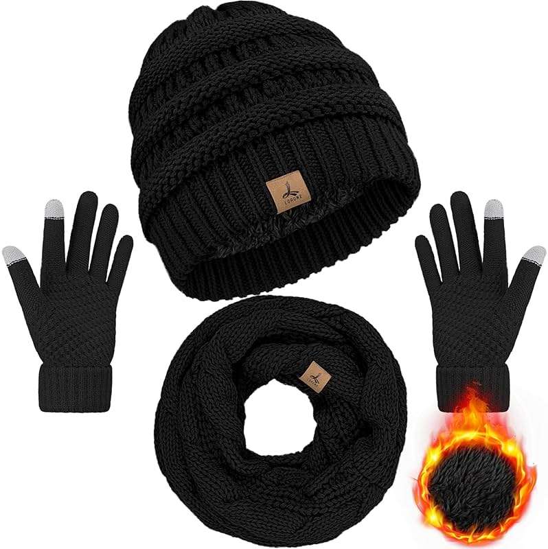 Winter Beanie Hat Scarf Gloves, Warm Fleece Knit Hats Touch Screen Gloves Neck Scarf Set Winter Gifts for Unisex Adult - Image 1