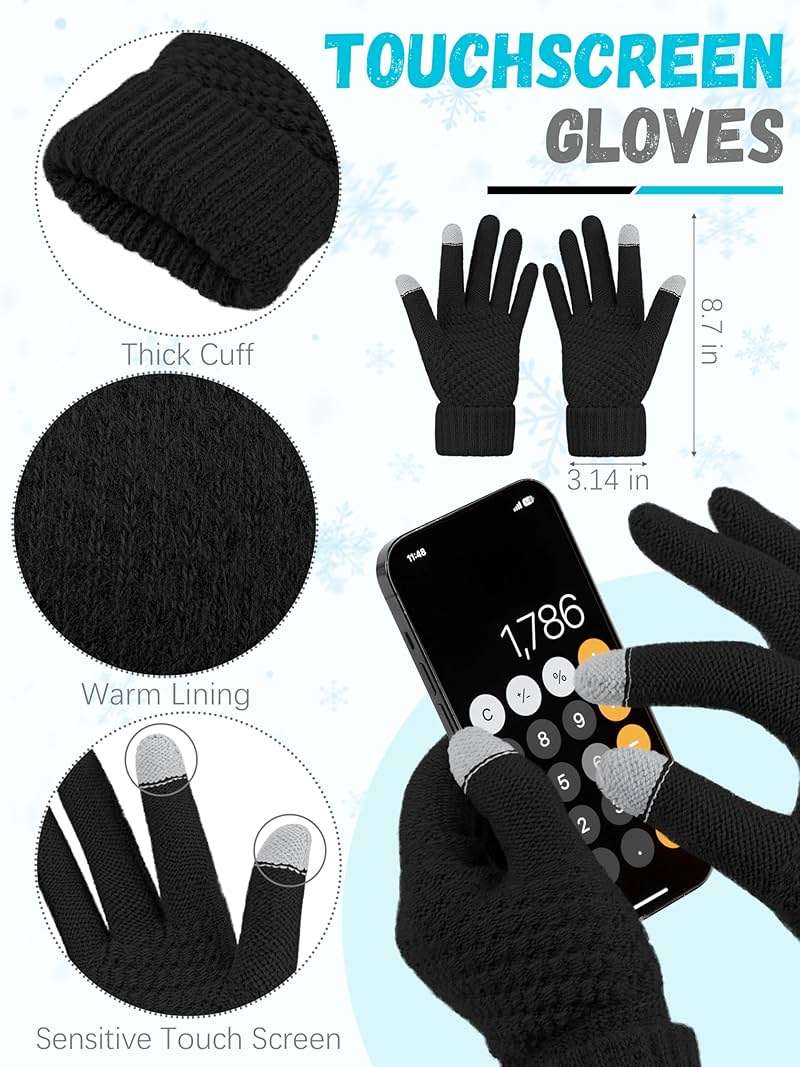 Winter Beanie Hat Scarf Gloves, Warm Fleece Knit Hats Touch Screen Gloves Neck Scarf Set Winter Gifts for Unisex Adult - Image 3