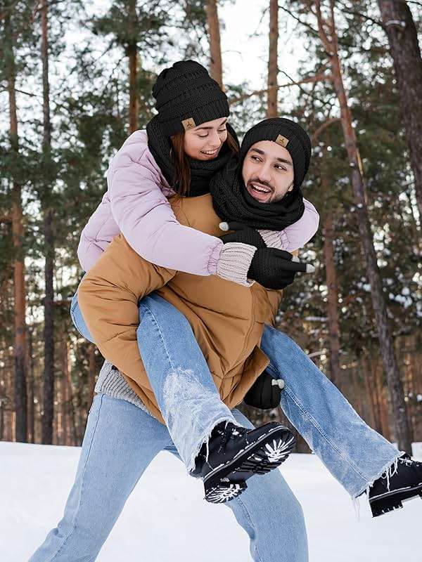 Winter Beanie Hat Scarf Gloves, Warm Fleece Knit Hats Touch Screen Gloves Neck Scarf Set Winter Gifts for Unisex Adult - Image 5