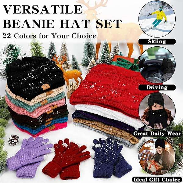 Winter Beanie Hat Scarf Gloves, Warm Fleece Knit Hats Touch Screen Gloves Neck Scarf Set Winter Gifts for Unisex Adult - Image 7