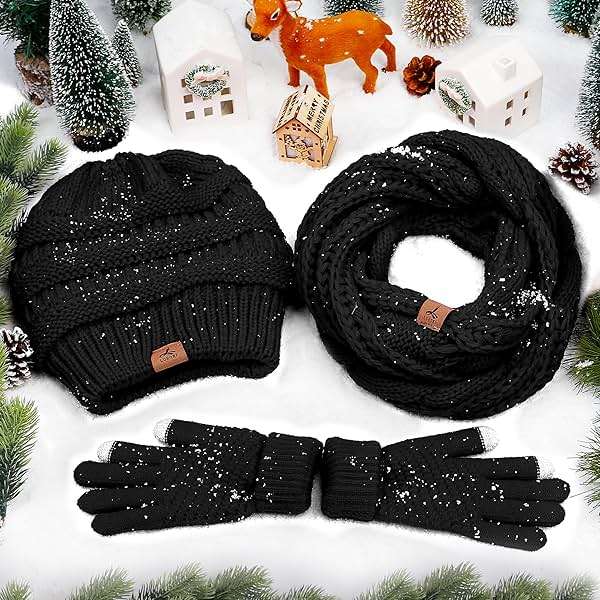 Winter Beanie Hat Scarf Gloves, Warm Fleece Knit Hats Touch Screen Gloves Neck Scarf Set Winter Gifts for Unisex Adult - Image 8
