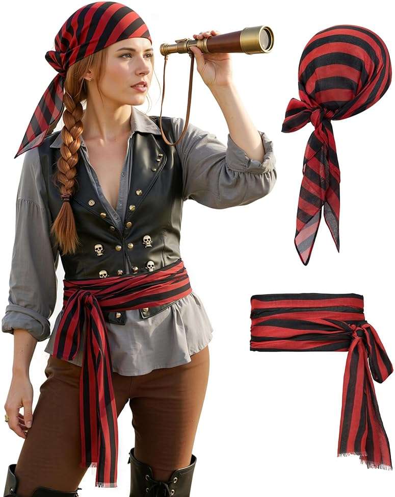 Zando Pirate Accessories Women Men Teens - Pirate Bandana Head Scarf Hat Belt Sash for Halloween Renaissance Themed Cosplay - Image 1