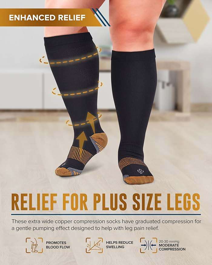 Doctor's Select® Copper Plus Size Compression Socks Wide Calf - 2 Pairs | 20-30mmHg Extra Wide Calf Compression Socks Women Copper for Swelling, Varicose Veins | Black - Image 2