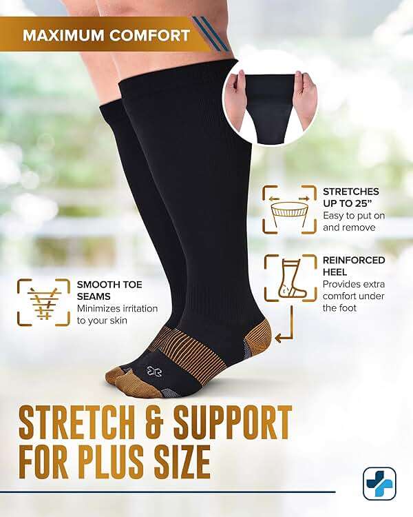 Doctor's Select® Copper Plus Size Compression Socks Wide Calf - 2 Pairs | 20-30mmHg Extra Wide Calf Compression Socks Women Copper for Swelling, Varicose Veins | Black - Image 3