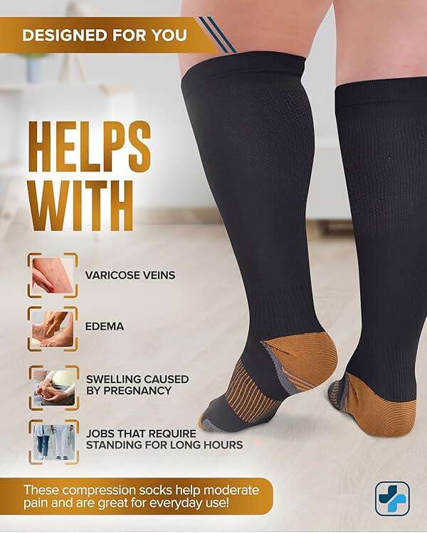 Doctor's Select® Copper Plus Size Compression Socks Wide Calf - 2 Pairs | 20-30mmHg Extra Wide Calf Compression Socks Women Copper for Swelling, Varicose Veins | Black - Image 4
