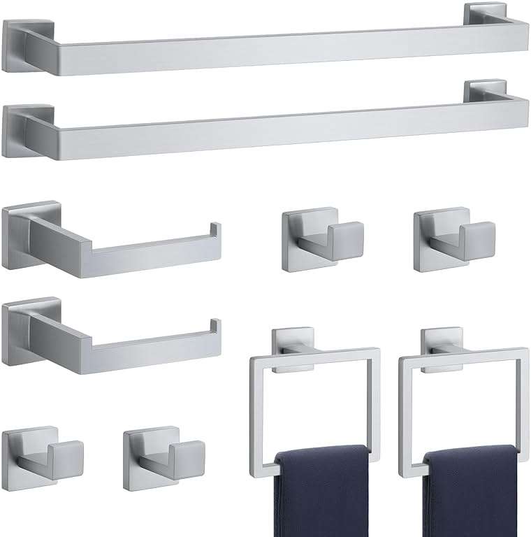 10-Pieces Brushed Nickel Bathroom Accessories Set, Stainless Steel Bathroom Hardware Set, Towel Racks for Bathroom Wall Mounted 24 Inch Bath Towel Bar Set. - Image 1