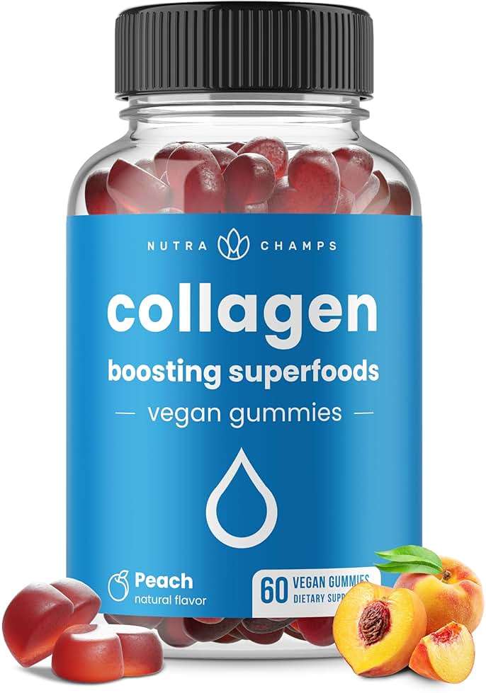 NutraChamps Collagen Boosting Gummies, Collagen Booster Gummy for Natural Collagen Production, Vegan Pectin Supplements Chews for Women & Men, 60 Peach Vitamins Gummies - Image 1
