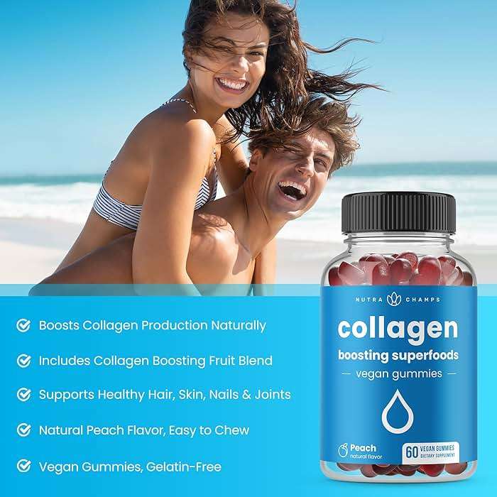NutraChamps Collagen Boosting Gummies, Collagen Booster Gummy for Natural Collagen Production, Vegan Pectin Supplements Chews for Women & Men, 60 Peach Vitamins Gummies - Image 3