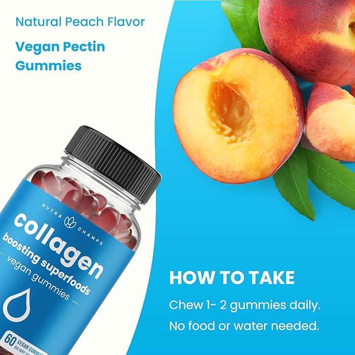 NutraChamps Collagen Boosting Gummies, Collagen Booster Gummy for Natural Collagen Production, Vegan Pectin Supplements Chews for Women & Men, 60 Peach Vitamins Gummies - Image 6