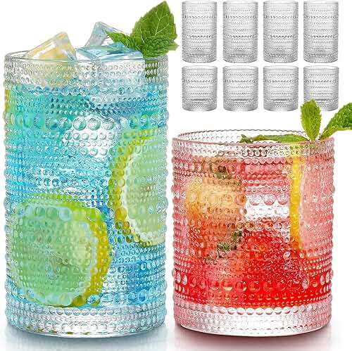 Hlukana Vintage Hobnail Drinking Glasses Set of 8, 12 oz Highball Glasses & 10 oz Cocktail Glasses Set, Kitchen Water Glasses Cup, Bar Tumbler Glassware Set for Beer, Juice, Cocktail, Whiskey, Milk - Image 1