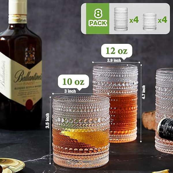Hlukana Vintage Hobnail Drinking Glasses Set of 8, 12 oz Highball Glasses & 10 oz Cocktail Glasses Set, Kitchen Water Glasses Cup, Bar Tumbler Glassware Set for Beer, Juice, Cocktail, Whiskey, Milk - Image 3