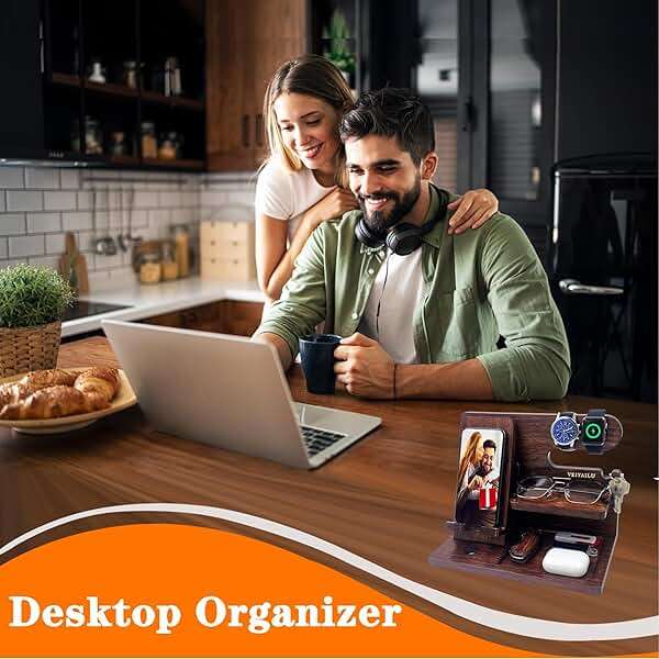 VEIYAILU Gifts for Men Women Brother Boss Boyfriend Him Nightstand Organizer Gifts for Dad from Daughter Son Wood Phone Docking Station (Dark Brown) - Image 2