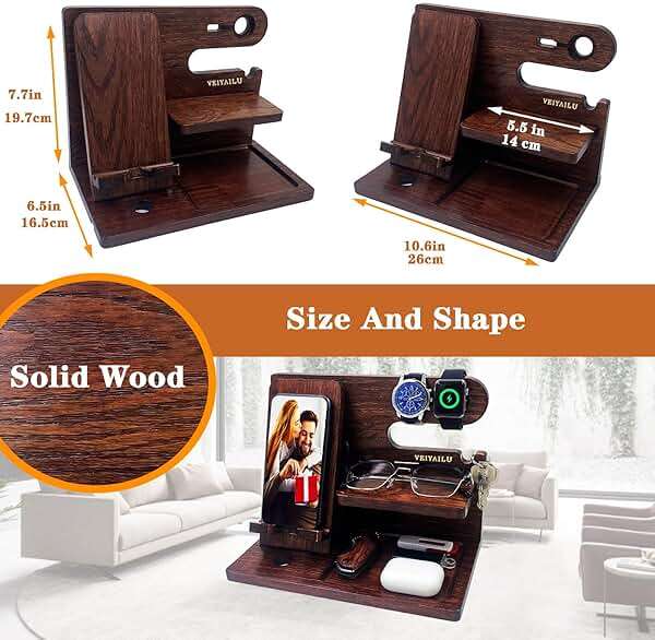 VEIYAILU Gifts for Men Women Brother Boss Boyfriend Him Nightstand Organizer Gifts for Dad from Daughter Son Wood Phone Docking Station (Dark Brown) - Image 3