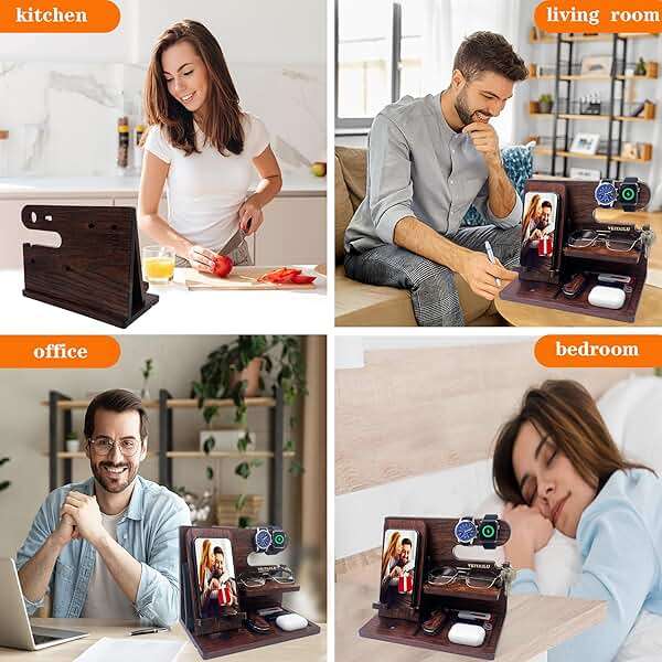 VEIYAILU Gifts for Men Women Brother Boss Boyfriend Him Nightstand Organizer Gifts for Dad from Daughter Son Wood Phone Docking Station (Dark Brown) - Image 4