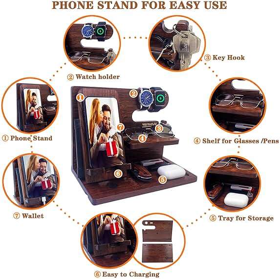 VEIYAILU Gifts for Men Women Brother Boss Boyfriend Him Nightstand Organizer Gifts for Dad from Daughter Son Wood Phone Docking Station (Dark Brown) - Image 5