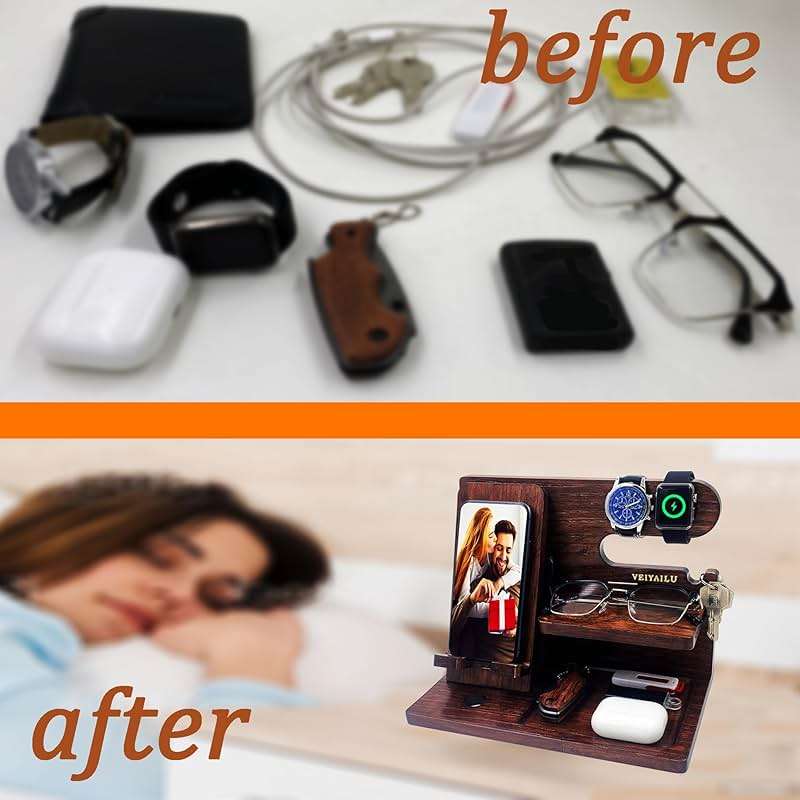 VEIYAILU Gifts for Men Women Brother Boss Boyfriend Him Nightstand Organizer Gifts for Dad from Daughter Son Wood Phone Docking Station (Dark Brown) - Image 7