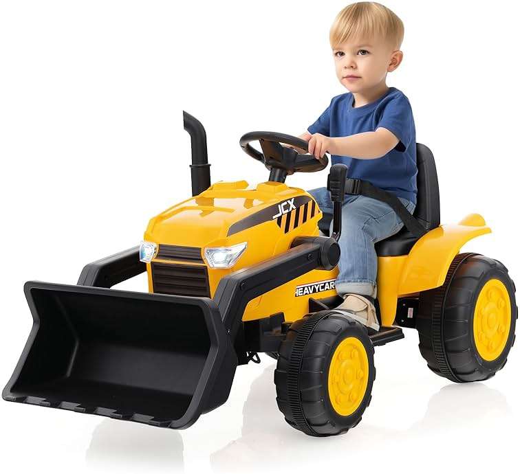 HONEY JOY Ride on Excavator, 12V Battery Powered Wheeled Loader Digger Kids Bulldozer w/Adjustable Digging Bucket, Headlights, Music, Horn, Slow Start, Electric Construction Vehicle for Kids, Yellow - Image 1