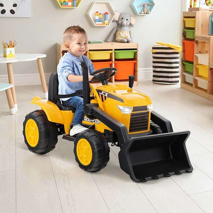 HONEY JOY Ride on Excavator, 12V Battery Powered Wheeled Loader Digger Kids Bulldozer w/Adjustable Digging Bucket, Headlights, Music, Horn, Slow Start, Electric Construction Vehicle for Kids, Yellow - Image 2