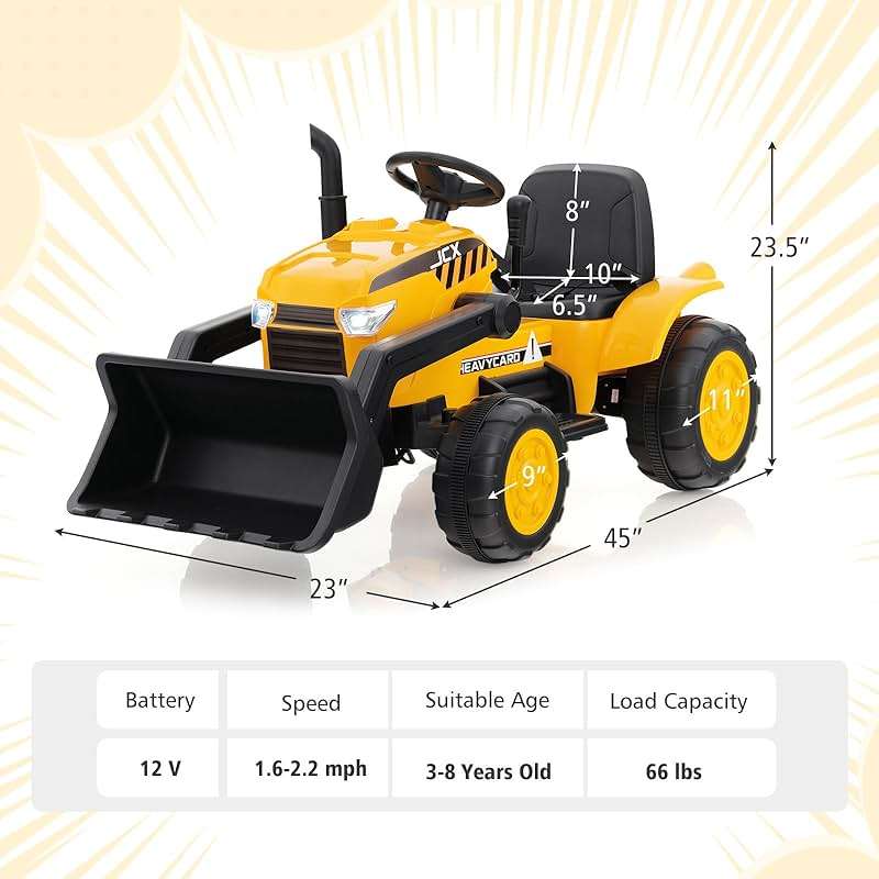 HONEY JOY Ride on Excavator, 12V Battery Powered Wheeled Loader Digger Kids Bulldozer w/Adjustable Digging Bucket, Headlights, Music, Horn, Slow Start, Electric Construction Vehicle for Kids, Yellow - Image 3