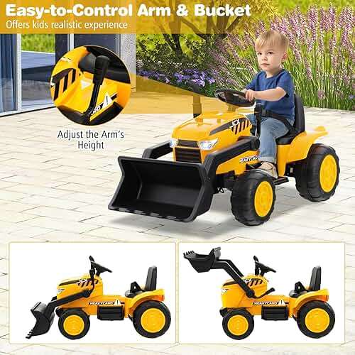 HONEY JOY Ride on Excavator, 12V Battery Powered Wheeled Loader Digger Kids Bulldozer w/Adjustable Digging Bucket, Headlights, Music, Horn, Slow Start, Electric Construction Vehicle for Kids, Yellow - Image 4
