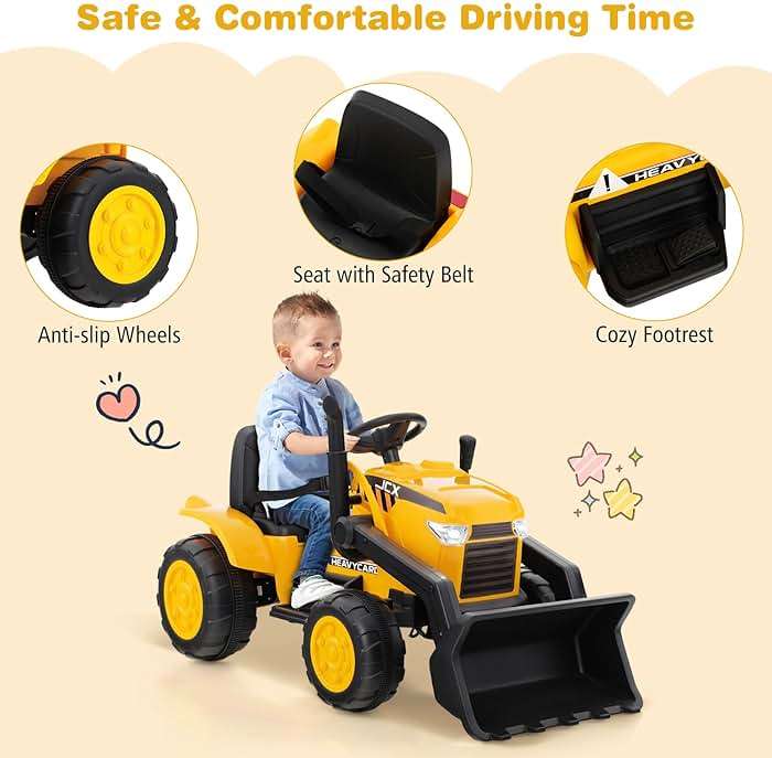 HONEY JOY Ride on Excavator, 12V Battery Powered Wheeled Loader Digger Kids Bulldozer w/Adjustable Digging Bucket, Headlights, Music, Horn, Slow Start, Electric Construction Vehicle for Kids, Yellow - Image 6