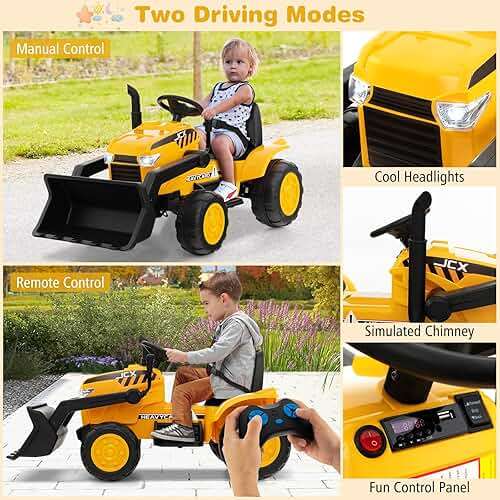 HONEY JOY Ride on Excavator, 12V Battery Powered Wheeled Loader Digger Kids Bulldozer w/Adjustable Digging Bucket, Headlights, Music, Horn, Slow Start, Electric Construction Vehicle for Kids, Yellow - Image 7