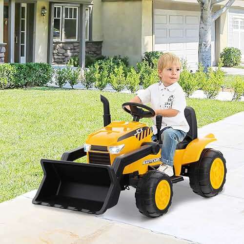 HONEY JOY Ride on Excavator, 12V Battery Powered Wheeled Loader Digger Kids Bulldozer w/Adjustable Digging Bucket, Headlights, Music, Horn, Slow Start, Electric Construction Vehicle for Kids, Yellow - Image 8