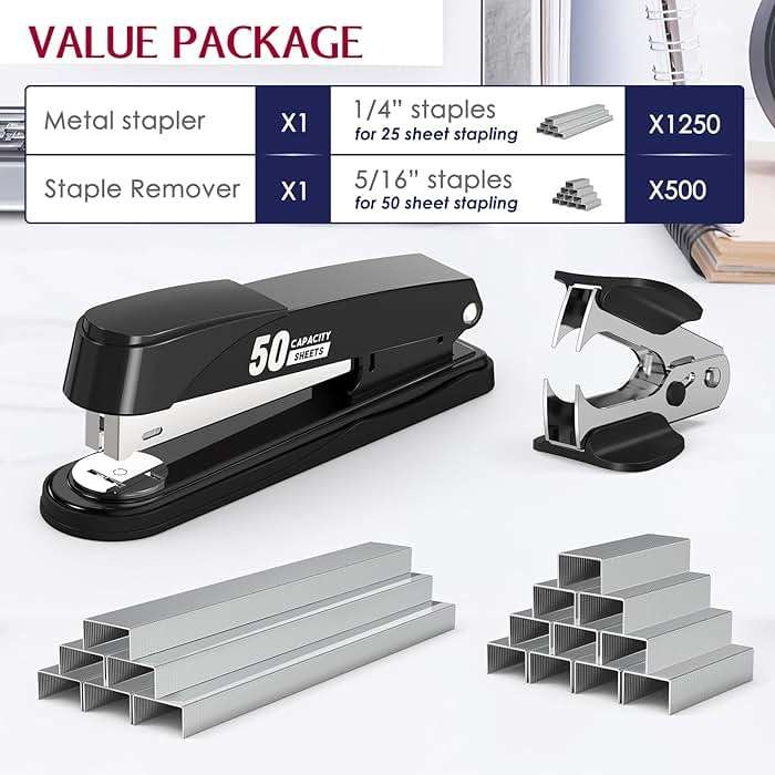 Metal Stapler Heavy Duty 50 Sheet Capacity with 1750 Staples and Staple Remover, Full Strip Staplers for Desk, No Jam, Non-Slip for Office & Classroom, Black - Image 2