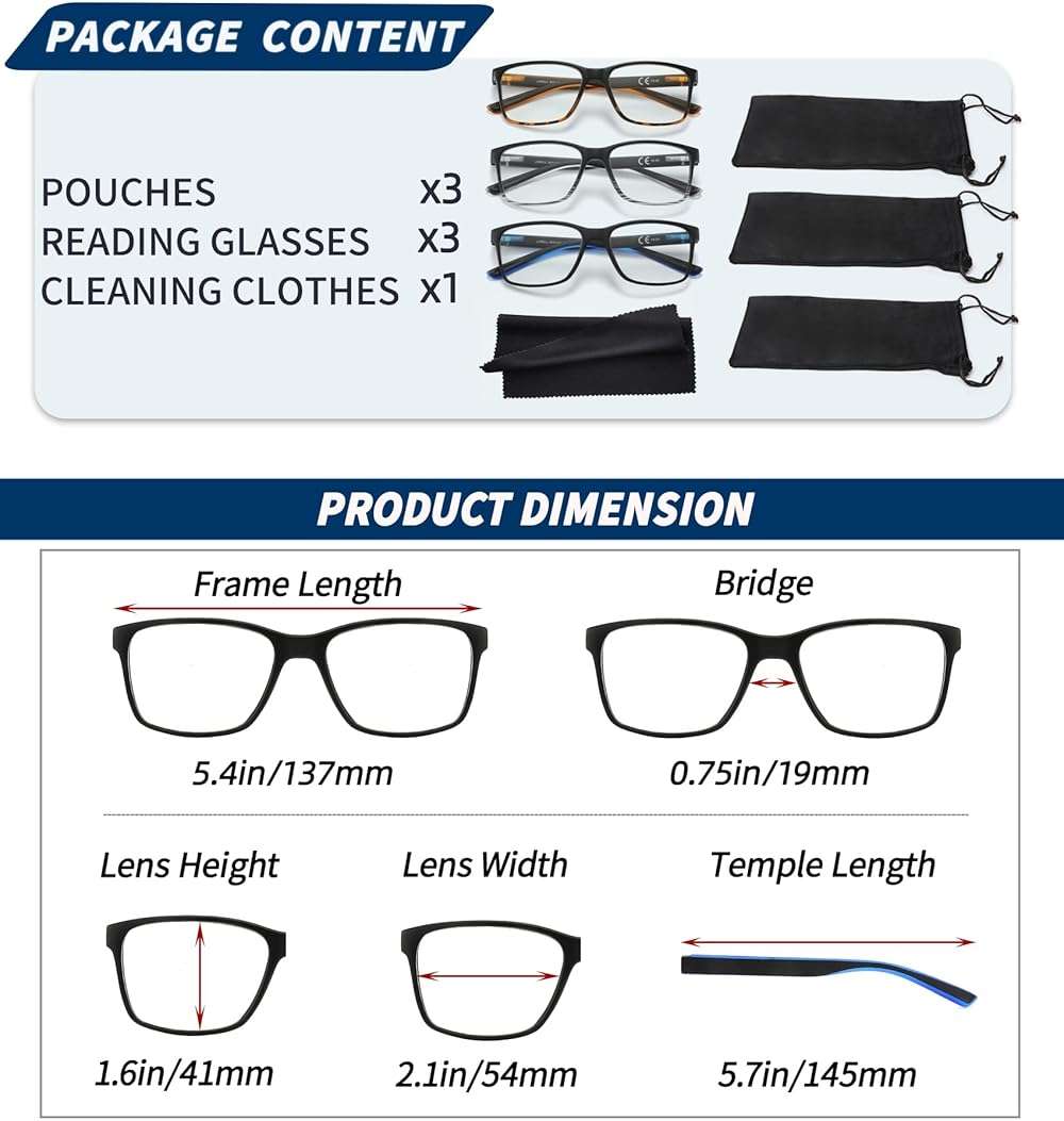 JJWELL 3 Pack Reading Glasses for Men Blue Light Blocking with Spring Hinge, Anti Eyestrain/Dryness/UV Large Wide Square Readers for Men, Two Tone Computer Reader Glasses Eyeglass(1.0 Strength) - Image 6