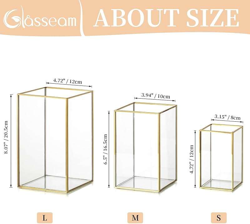 Glasseam Glass Hurricane Candle Holder: Set of 3 Gold Square Candle Holders for Pillar Candles Large for Table Centerpiece Wedding Christmas Decorative - Image 2