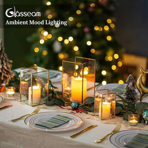 Glasseam Glass Hurricane Candle Holder: Set of 3 Gold Square Candle Holders for Pillar Candles Large for Table Centerpiece Wedding Christmas Decorative - Image 3