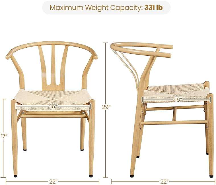 Yaheetech Weave Dining Chairs Set of 4 Mid-Century Modern Dining Room Chairs with Hemp Seat Metal Legs, Wood Color - Image 3