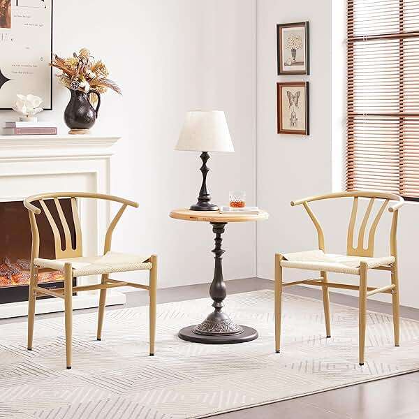 Yaheetech Weave Dining Chairs Set of 4 Mid-Century Modern Dining Room Chairs with Hemp Seat Metal Legs, Wood Color - Image 9