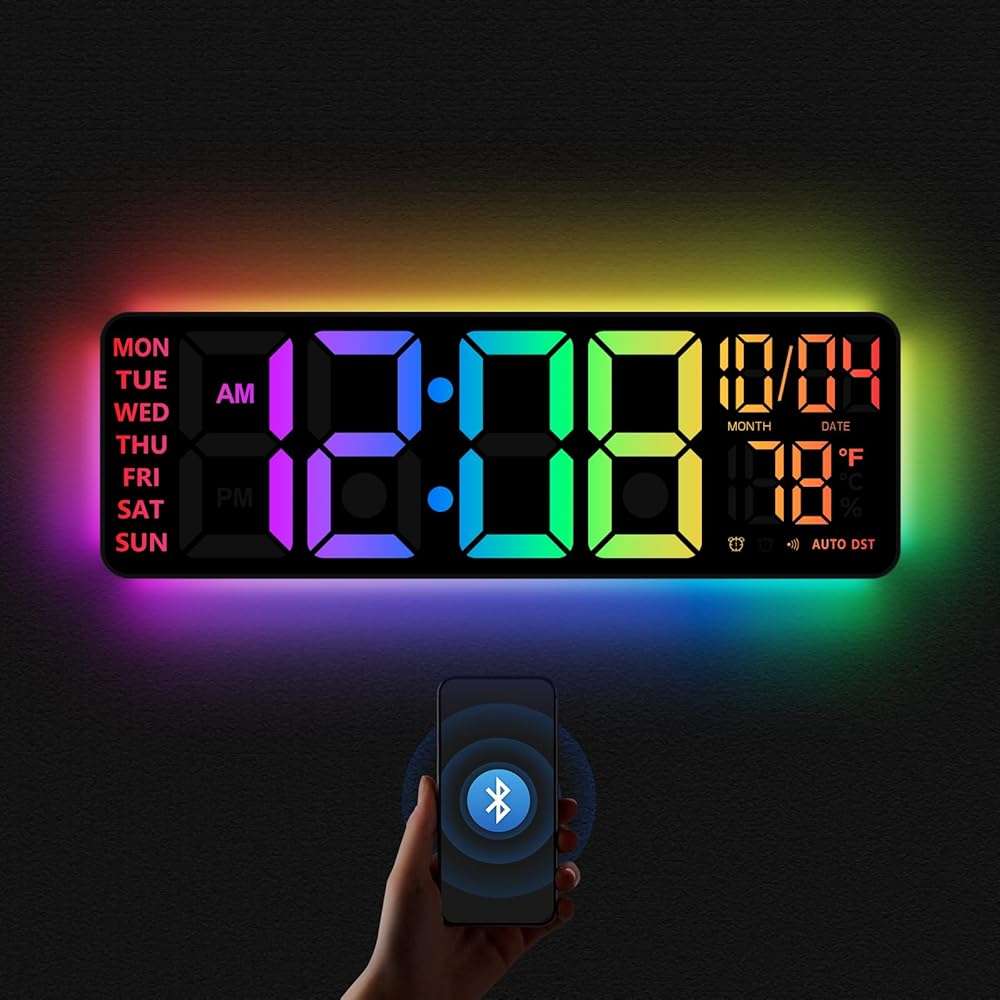 16" Digital Wall Clock with Night Light, Digital Clock with RGB Colors Changing Remote Control, Dual Alarm, Dimmer, Auto DST, Voice Control, Auto Time Sync, Clocks for Living Room, Gift for Elderly - Image 1